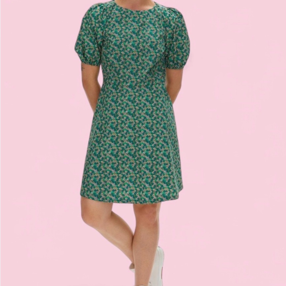 Oliver Bonas Green Micro Ditsy Floral Puff Sleeve Mini Dress | Size US 2
